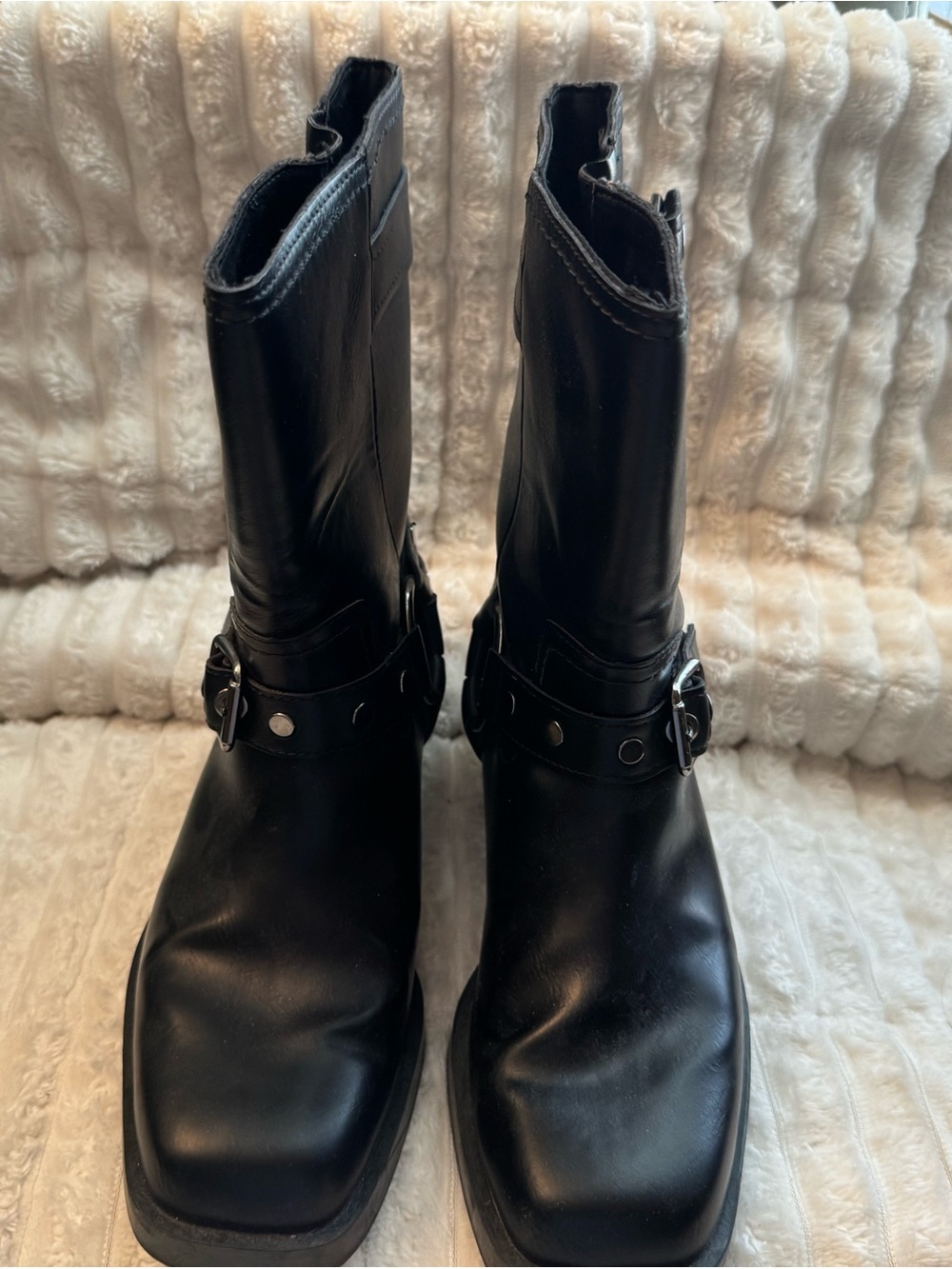 Black Leather Harness Moto Boots for Women